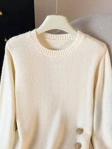 GlowEve Women's Fashionable Crew Neck Long Sleeve Knit Sweater Top With Metal Button Decor - Multicolor - View 5