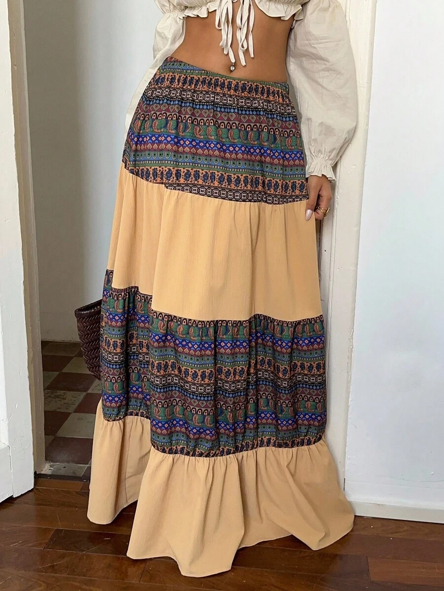 Sunnyshic Beige,Summer,Boho,Picnic,Holiday Pattern Retro Print Patchwork Low Waist Layered Ruffle Hem A-Line Maxi Skirt,Vintage Elegant Hippie Long Skirt Women - Multicolor - View 1