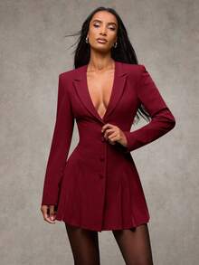 SHEIN BAE Women's Elegant Solid Color Ruffled Hem Blazer For Autumn - Burgundy - View 6