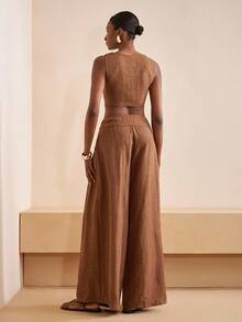 Zivah 2025夏季新款音乐节复活节母亲节婚礼生日派对日常出游基础百搭休闲度假邮轮旅行沙滩海边日光浴网红爆款街头风优雅通勤商务休闲V领无袖修身开衫女背心宽松阔腿裤纽扣口袋百褶女两件套 - 鏽棕色 - 查看 2