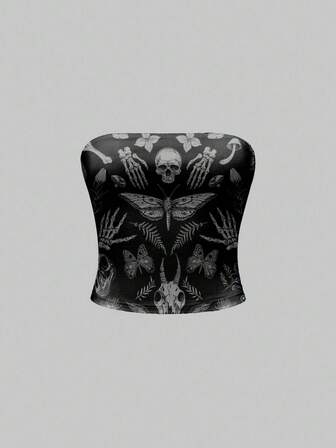 Top de style Mori pour femmes avec imprimé intégral sombre et mystérieux de style gothique, avec motifs de papillon, chauve-souris, feuille, aile, crâne, démon et plante pour Halloween
