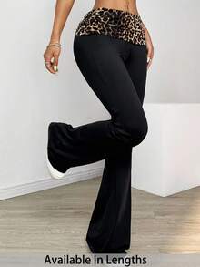 SHEIN Tall CURVE 大码时尚休闲豹纹拼接喇叭裤，翻折腰带，适合春季、情人节、日常生活、通勤、上学、教师、会议、外出、休闲等场合。 - 黑色 - 查看 1