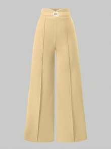 SHEIN Clasi Plus Size Women's Metal Toothpick Design Loose Wide Leg Elegant Pants - Khaki - View 1