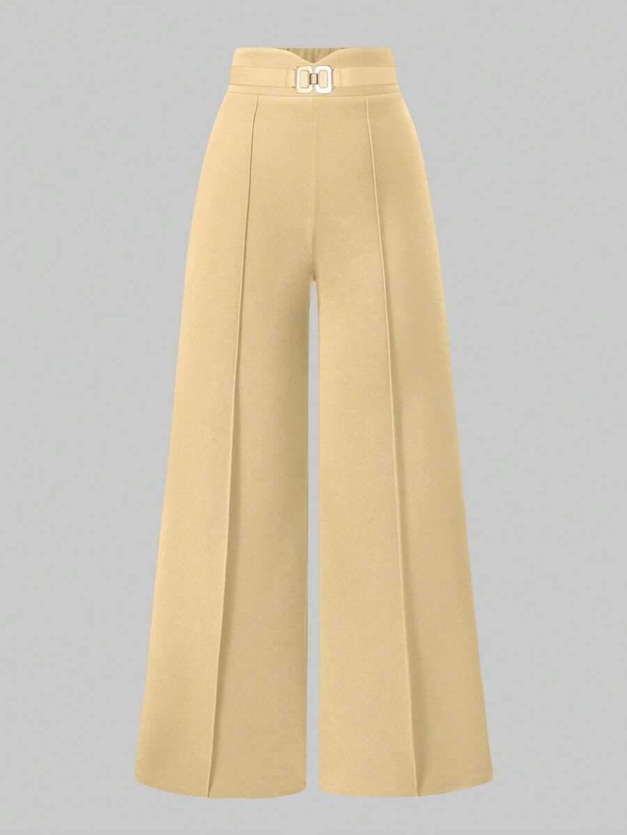 SHEIN Clasi Plus Size Women's Metal Toothpick Design Loose Wide Leg Elegant Pants - Khaki - View 1
