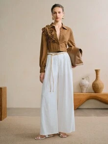 SHEIN LUNE 女士粘胶纤维面料3D立体花卉水钻装饰优雅浪漫通勤纽扣衬衫，适合办公室穿着，四季皆宜，奶油黄色衬衫，女士上衣，商务休闲女装，教师女装，外出女装，宽松女式衬衫，趣味衬衫，女士秋季必备 - 棕色 - 查看 6