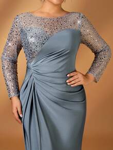 Serin Plus Size Elegant Luxury Beaded & Sequin Embellished Ruched Mermaid Hem Satin Gown, Suitable For Wedding Event, Bachelorette Party, Gala, Cocktail, Mother Of The Bride Dress