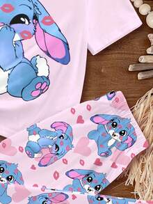 Tween Girls Cute Pink Heart Lip Print, Cartoon Blue Rabbit Lulu, Christmas, Stitch Bow Pattern, Fall, Tween Girl Casual Minimalist Round Neck Short Sleeve Shorts Pajamas Set, Suitable For Summer, Autumn Clothes - Multicolor - View 5