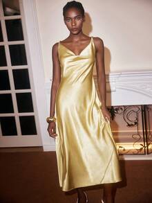 Maija 女士优雅露背连衣裙，纯色，适合派对 - 黃色 - 查看 5