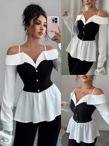 Elenzga Blusa elegante, versátil y de oficina casual para mujer, de nueva llegada para otoño/invierno 2025, con cintura ceñida - Blanco - Ver 3