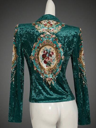 SHEIN ICON Y2k Fall/Winter Western Boho Hippie Button Up Elegant Vintage Velvet Floral Print Blazer