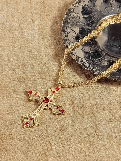 Glisma 18K镀金红十字项链，Y2K风格/送给妈妈/女士/女孩，适合秋季、冬季、节日、假期、度假、复古风、万圣节、派对、夜店、购物、复古、高级、锆石、水钻、十字架、派对、夜店、购物、复古、高级、锆石、水钻、十字架、西部珠宝、复古风、服装、哥特/哥特风、吊坠项链、宝石、秋季/冬季、送给妈妈/女士/女孩/母亲、高级