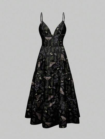 Goth Vestido de estilo gótico romántico oscuro para mujer con estampado de serpiente, mariposa, murciélago, polilla, sol, luna y estrella en verde, morado y negro