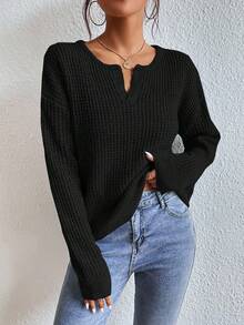 SHEIN Frenchy 女士缺口领落肩领毛衣秋冬装 - 黑色 - 查看 4