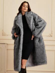 GENKIRA Chic Faux Fur Collar Long Jacket, Sophisticated Design, Minimalist & Elegant, Oversized, Women Outerwear - Dark Grey - View 4