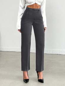 SHEIN Tall Size Women's Solid Color Press Crease Pocket High Waist Elegant Pants - Dark Grey - View 4