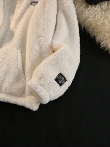 SHEIN 少女休闲家居户外保暖珊瑚绒高领拉链外套，饰有拉斯维加斯英文贴片，宽松落肩长袖带口袋，杏色，适合秋冬季穿着 - 杏色 - 查看 5