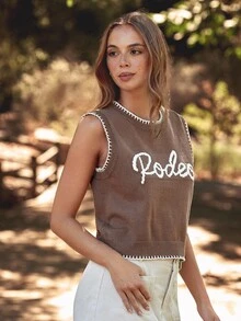 WESTFADE 圆领多针刺绣牛仔竞技图案毛衣背心，适合秋季、冬季、纳什维尔音乐会、休闲、可爱、波西米亚风、西部风格等场合，女士款 - 棕色 - 查看 4