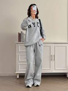 SHEIN Tall 2pcs Women NYC Off-Shoulder Loose Sweatshirt And Flared Long Sweatpants Set, Thick Thermal Lined, Suitable For Autumn/Winter Back To School Teacher - Grey - View 9