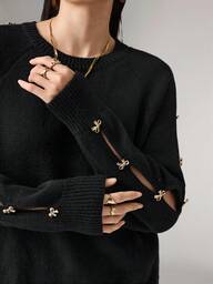 Heiryn Dames ronde hals raglanmouwen modieuze trui met metalen strik decor, herfst/winter, zwarte top zwarte gebreide trui dames truien gouden strik trui