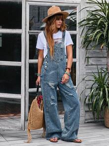 EMERY ROSE 女士口袋做旧阔腿牛仔连身裤 - 藍色 - 查看 6