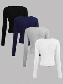 Girlism 4 件套青少年女童圆领长袖针织纯色修身百搭上衣，适合秋冬季的百搭 T 恤 - 彩色 - 查看 2