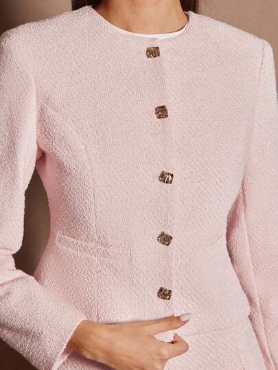 Enchnt Fall/Winter Romantic Women's Pastel Pink Tweed Metal Buttons Decor Long Sleeves Jacket,Chic&Elegant&Fashionable For Vacation&Date&Holiday&Office&Going Out&Halloween&Christmas,Back To School,Fall Jackets For Women,Autumn Clothes,Cozy Fall And Winter Clothes For Women
