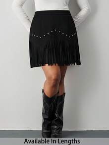 SHEIN Tall CURVE Falda A-Line negro con remaches y flecos estilo hippie vintage para mujer de talla grande, falda de otoño e invierno, atuendos de Nashville, falda de pirata