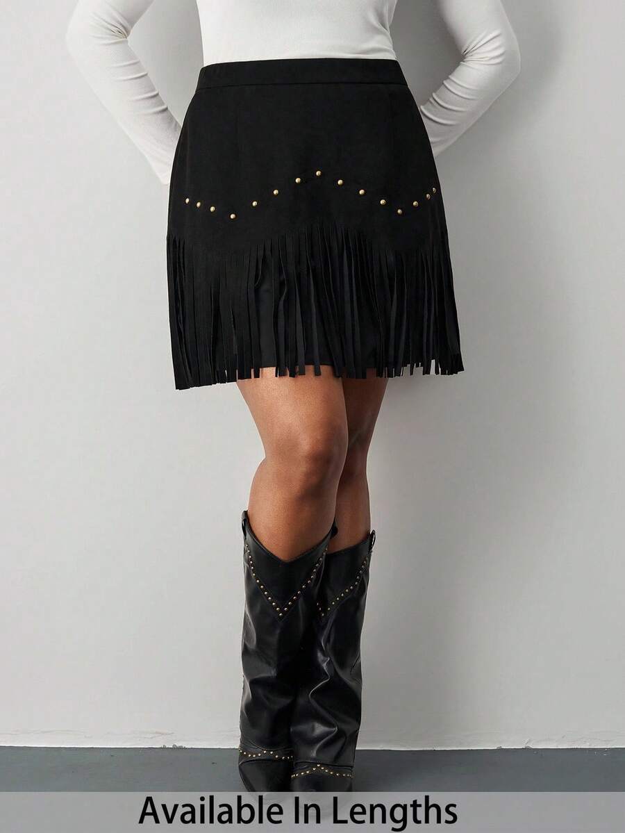 SHEIN Tall CURVE Falda A-Line negro con remaches y flecos estilo hippie vintage para mujer de talla grande, falda de otoño e invierno, atuendos de Nashville, falda de pirata