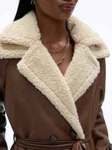 Aveloria Affinna Khaki Long Classic Lapel Faux Lamb Wool & PU Leather Cinched Waist Waist Elegant Casual Mixed Style Women Faux Fur Coat - Multicolor - View 4