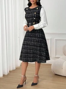 SHEIN Lady Elegant Waist Cinched Long Sleeve Women's Midi Dress