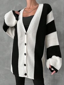 EURMUSE Two Tone Drop Shoulder Button Front Cardigan - Black and White - View 5