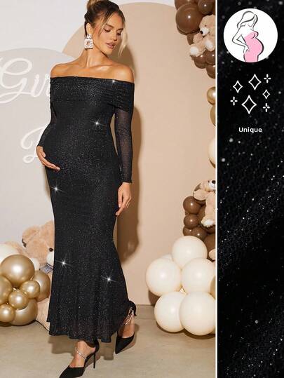 Loomaby 孕妇纯色亮片露肩长袖鱼尾下摆修身优雅连衣裙