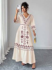 Elenzga Plus Size Women Placement Retro Print Beach Dress, Bohemian Style - Apricot - View 7