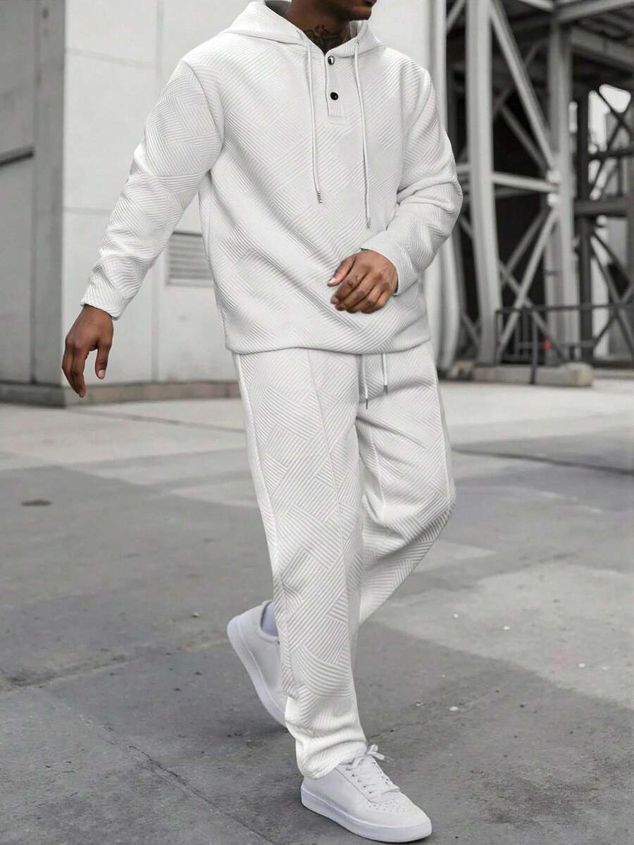 Manfinity Homme Herren Set aus einfarbigem Kapuzenpullover mit Kordelzug aus weißem Strukturstoff und Jogginghose, Herbstkleidung - Weiss - Übersicht 1