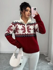 Selianne 优雅女士毛衣，费尔岛图案，拼色拉链毛衣，圣诞图案，秋冬毛衣 - 紅色 - 查看 6