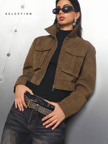 SHEIN EZwear Áo khoác nữ cỡ lớn kiểu dáng tối giản, màu trơn, tay dài, cổ có khóa kéo, túi tiện dụng, màu nâu, kiểu dáng ngắn/áo khoác lửng mùa đông cho nữ, áo khoác màu nâu cho nữ - màu nâu - Xem 5