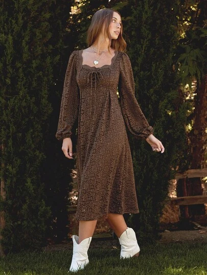 WESTFADE Corset Style Lace Up Front Long Sleeve Relaxed Fit Lace Midi Dress Casual, Cute Fall Clothes, Boho Outfit, Autumn, Winter, Western Wear For Women