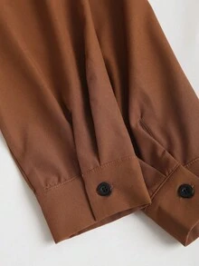 Sweetra Solid Color Gigot Sleeve Asymmetric Hem Button Front Fitted Long Sleeve Shirt - Brown - View 3
