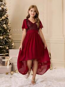 青少年女孩优雅亮片 V 领短袖不对称下摆修身连衣裙，适合晚会、婚礼、毕业典礼、圣诞节、万圣节等场合 - 酒紅色 - 查看 1