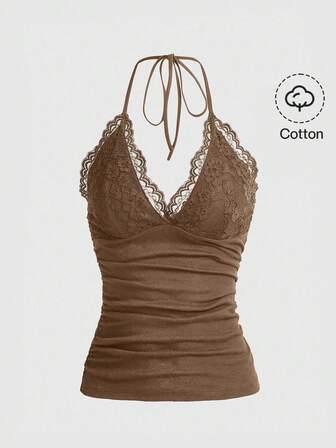 Camiseta de tirantes con escote halter y espalda descubierta con adorno de encaje para mujer