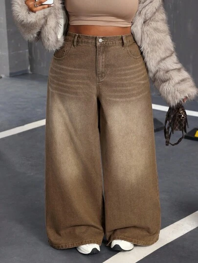 Slaydiva 大码休闲水洗复古阔腿牛仔裤