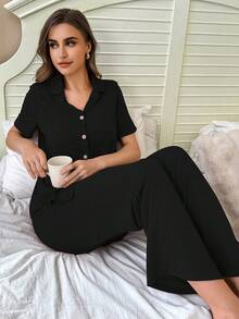 SHEIN Soft & Skin-Friendly Cardigan Button Closure Unisex Casual Pajama Set Black Lounge Set Sleep Wear Women Button Front