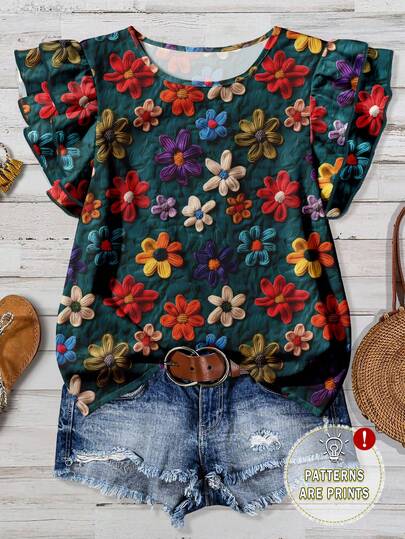 EMERY ROSE Camisa ajustada de mujer con cuello redondo y mangas cortas, con estampado floral casual, adecuada para primavera/verano