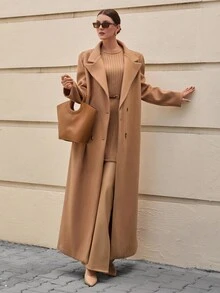 CLARA VERO Dam H-linjeformad lång ullkappa med slag, jacka, rockar, vinterkläder, jackor - Kamel - Visa 5