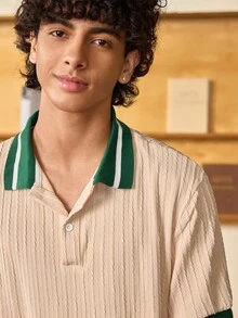 Open Phase STONE DISTRICT 男士休闲时尚 Polo 衫上衣，撞色罗纹柔软舒适亲肤面料基本款衬衫，优雅简约风格，学院风，秋季 - 杏色 - 查看 6