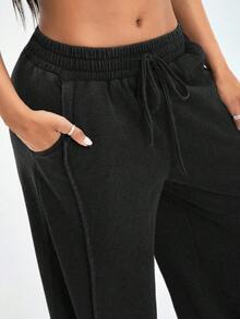 Radiana 复古做旧棕色水洗休闲宽松低腰阔腿裤，百搭街头服饰 - 黑色 - 查看 7