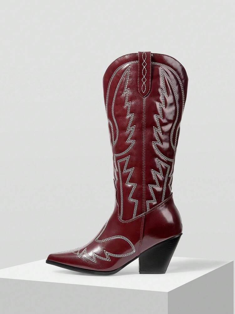 BOTTES D'ÉQUITATION À BOUT POINTU AVEC SEMELLE ÉPAISSE ET BRODERIE, BOTTES MI-MOLLET MODE POUR L'AUTOMNE/L'HIVER