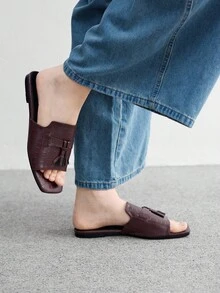 CUCCOO BIZCHIC Dép xỏ ngón đế bằng màu cà phê trang trí tua rua đa năng thời trang nữ, dép xỏ ngón đế bằng nhẹ và thoải mái - Cà phê nâu - Xem 4