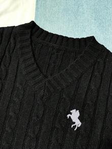SHEIN 青少年女孩休闲百搭黑色短款毛衣 - 黑色 - 查看 3