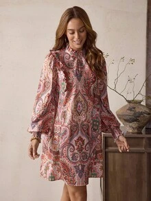 LanaWest LanaWest Women's Pattern Retro Print Ruffle Lantern Sleeve Loose Casual Dress